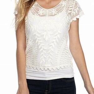 Say What?  Boutique Lace Feminine Coquette Style Blouse Cream Floral Design L